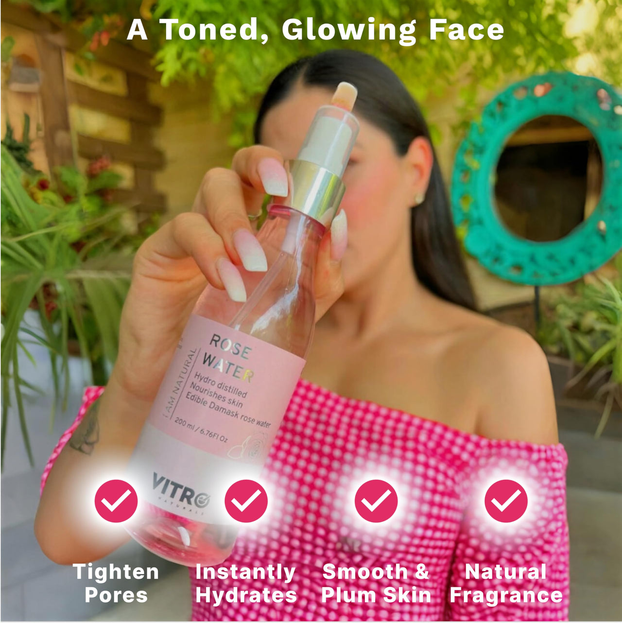 Vitro Rose Water Spray for Face 200ml | Pure Gulab Jal | No Additives, Chemicals, or Preservatives | Natural Toner for Hydrated, Glowing Skin | Hydro Distilled