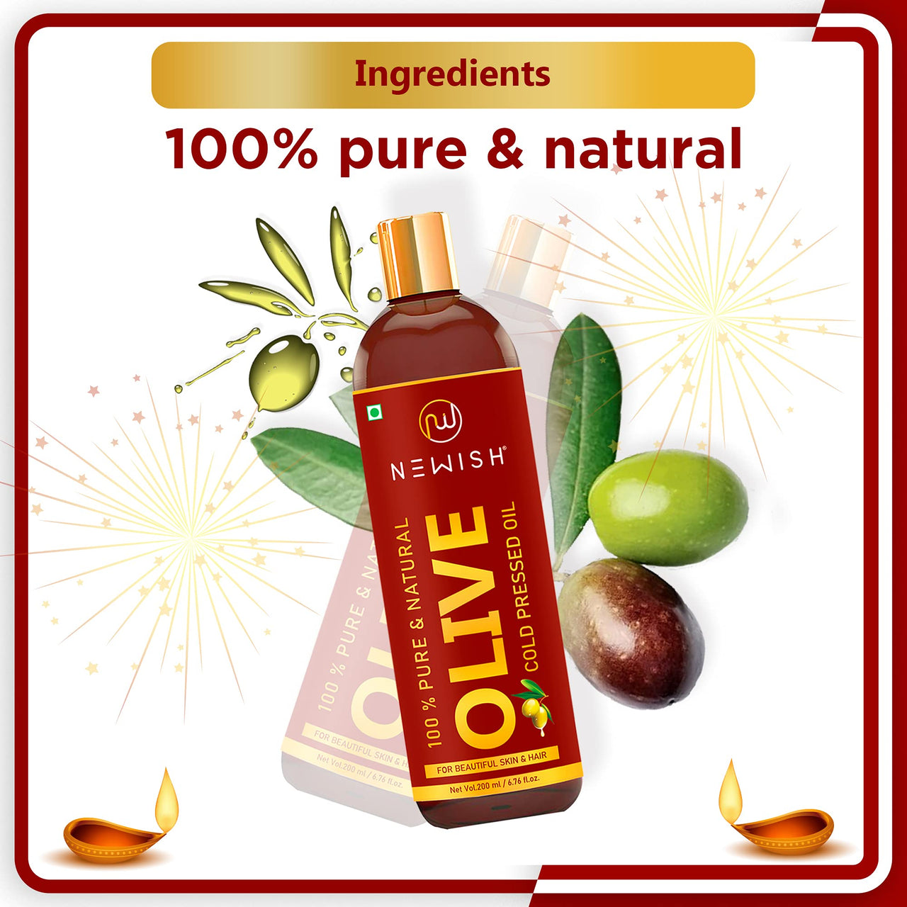 Newish Olive Oil for Hair, Skin & Body Massage | 200ml | Pure & Cold Pressed Olive Oil for Dry Scalp, Frizz Control & Glowing Skin | Non-Sticky Hair Oil for Men & Women