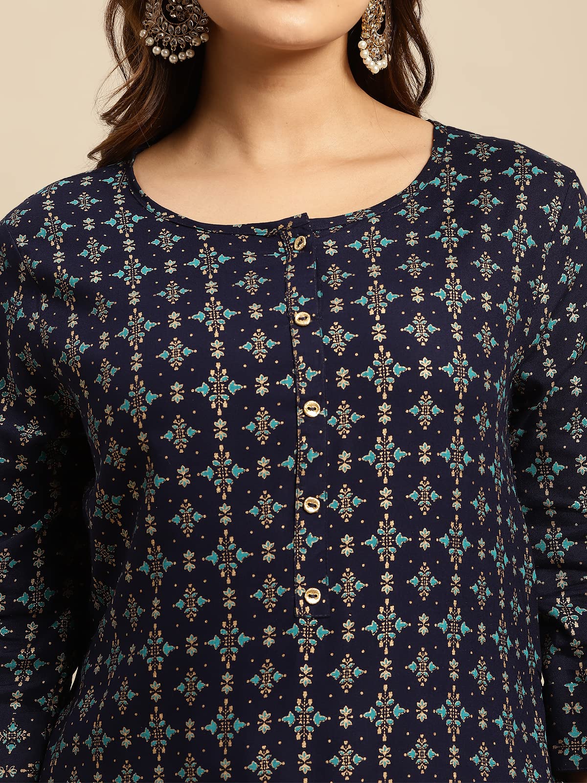 rangita Women Rayon Gold Printed Calf Length Straight Kurti