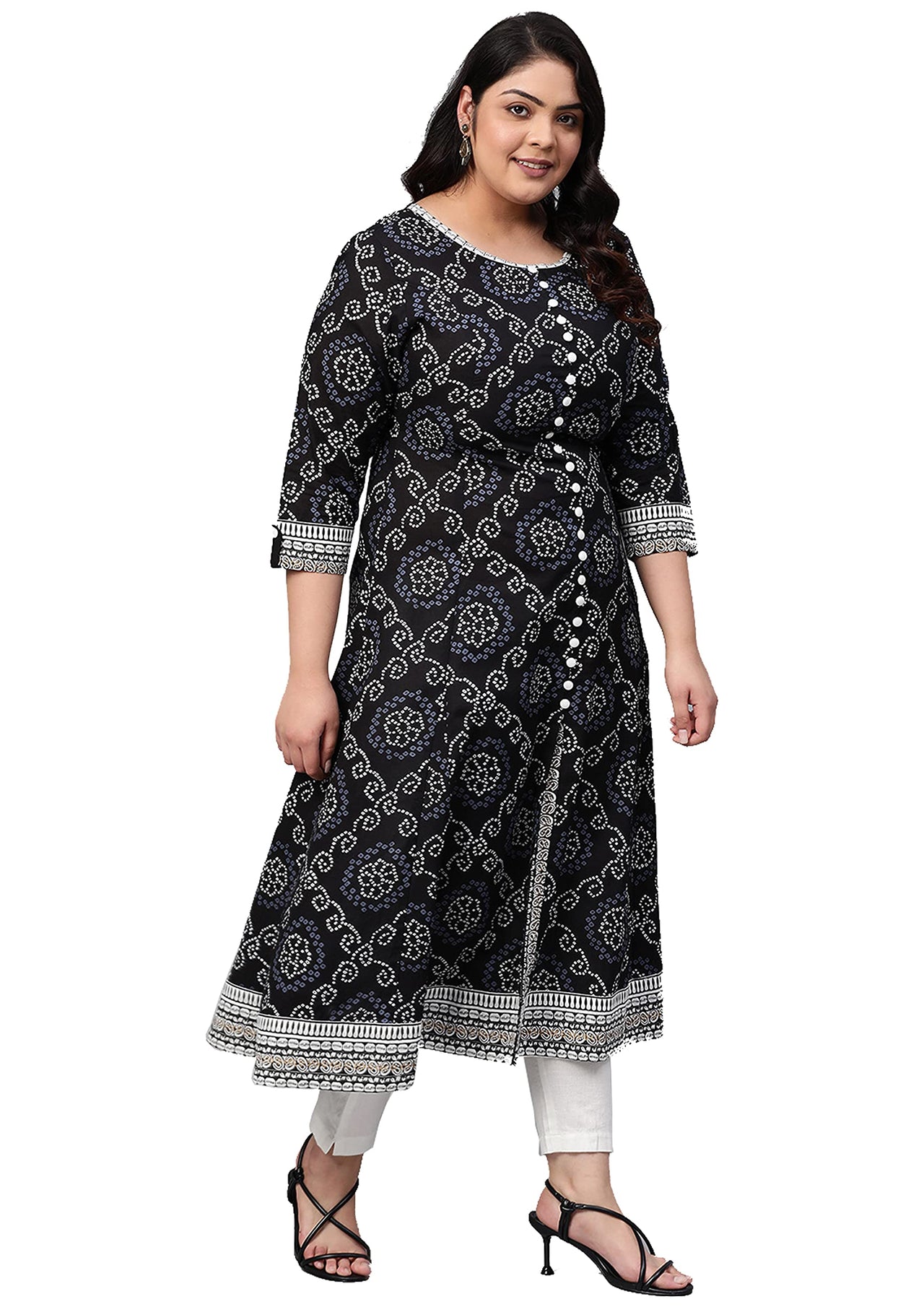 Yash Gallery Women's  Plus Size Cotton Bandhej Print Anarkali Kurta (Black)