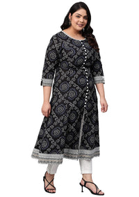 Yash Gallery Women's  Plus Size Cotton Bandhej Print Anarkali Kurta (Black)