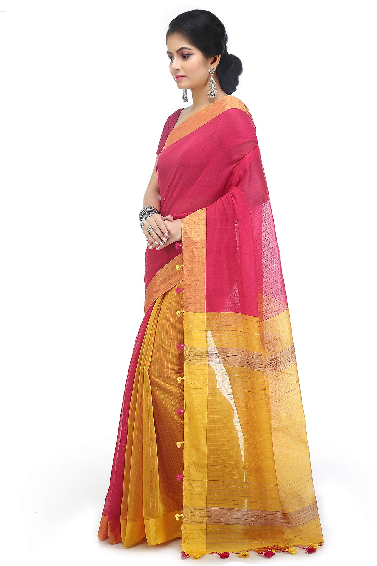 BENGAL HANDLOOM Women's  Art Silk Cotton Stripe Saree With Blouse Piece