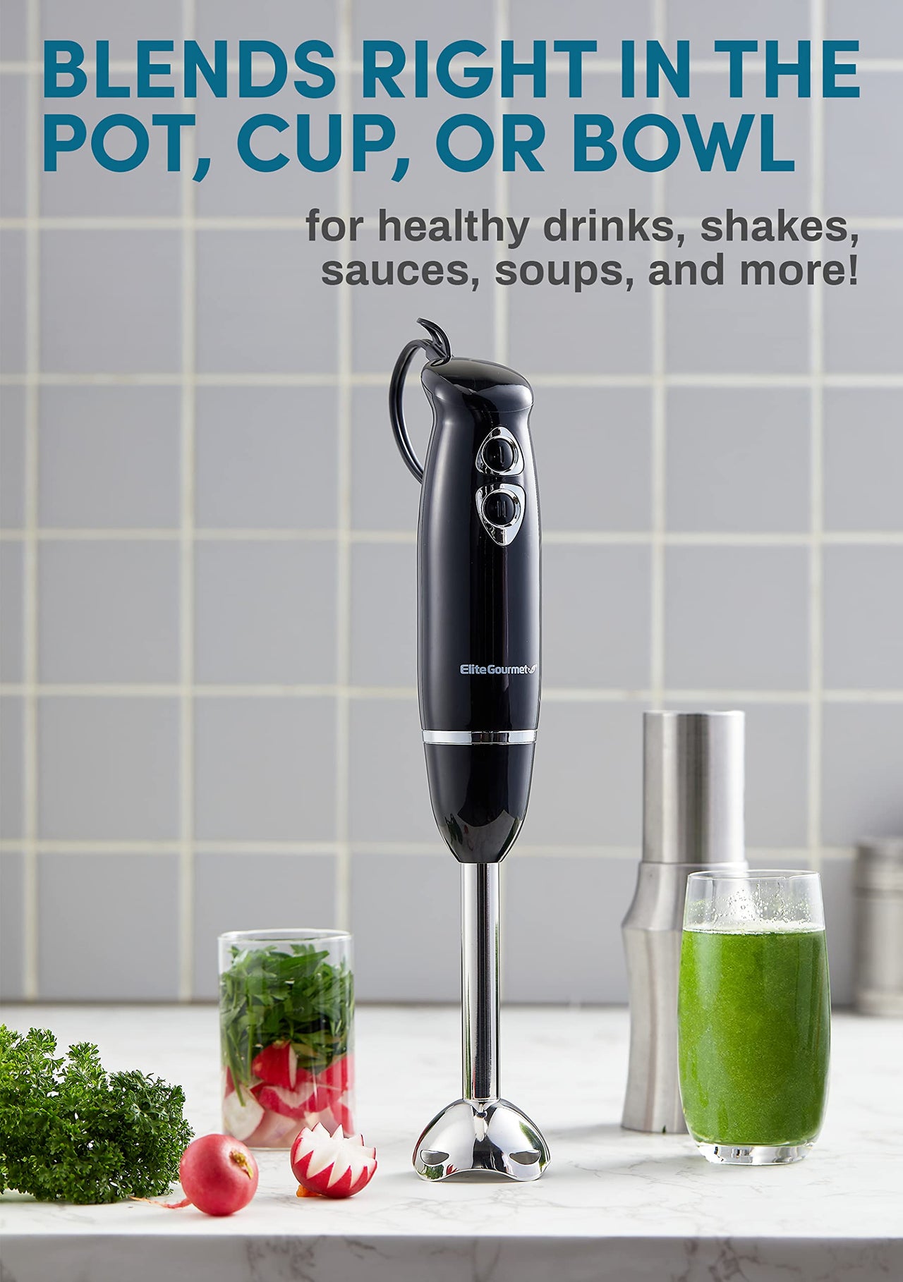 Elite Gourmet EHB1015 Immersion Hand Blender 500 Watts 2 Speed Mixing with Stainless Steel Blades, Detachable Wand Stick Mixer, Smoothies, Baby Food, Soup, Black Black/Stainless Steel Immersion Blenders