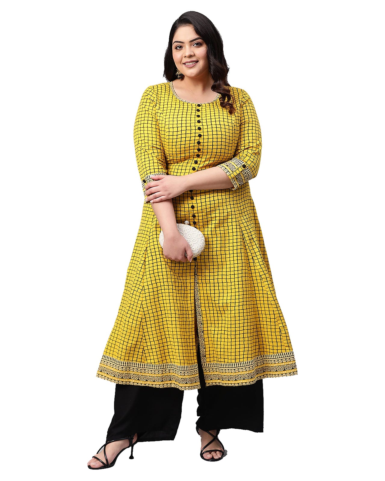 Yash Gallery Women's  Plus Size Plus Size Cotton Slub Checks Printed Anarkali Kurta for Women