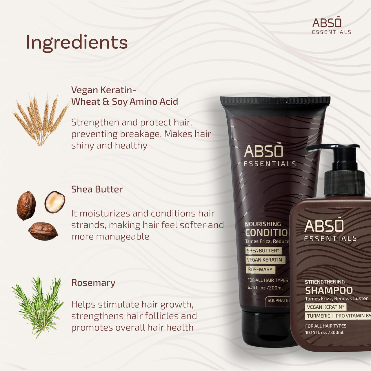 ABSO ESSENTIALS Combo Pack of Strengthening Shampoo and Nourishing Conditioner for Lustrous, Frizz-Free, Deep cleansing, Provides Strength, Soft and Smooth Hair (Shampoo -300ml+ Conditioner-200ml)