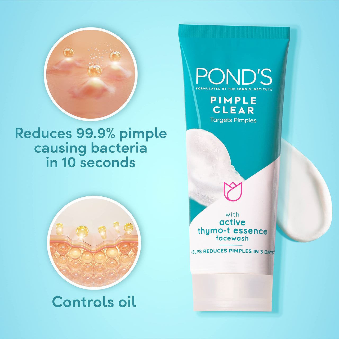 POND's Pimple Clear, Facewash, 100G, For Glowing Skin, With Active Thymo-T Essence Formula, Helps Reduce Pimples In 3 Days, Face Wash Controls Oil, Reduces Blackheads