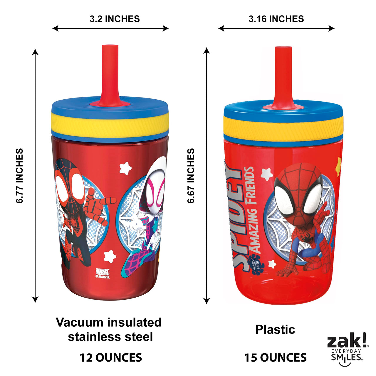 Zak Designs Spidey and His Amazing Friends Kelso Tumbler Set, Leak-Proof Screw-On Lid with Straw, Bundle for Kids Includes Plastic and Stainless Steel Cups with Bonus Sipper, 3pc Set, Non-BPA Classic
