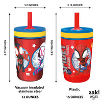 Zak Designs Spidey and His Amazing Friends Kelso Tumbler Set, Leak-Proof Screw-On Lid with Straw, Bundle for Kids Includes Plastic and Stainless Steel Cups with Bonus Sipper, 3pc Set, Non-BPA Classic