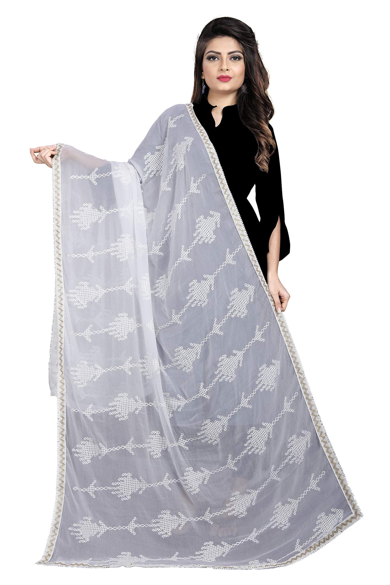 AKSHAR LLC Women's  Designer Pure Chiffon Dupatta with Pure Cotton Thread Embroidery Work