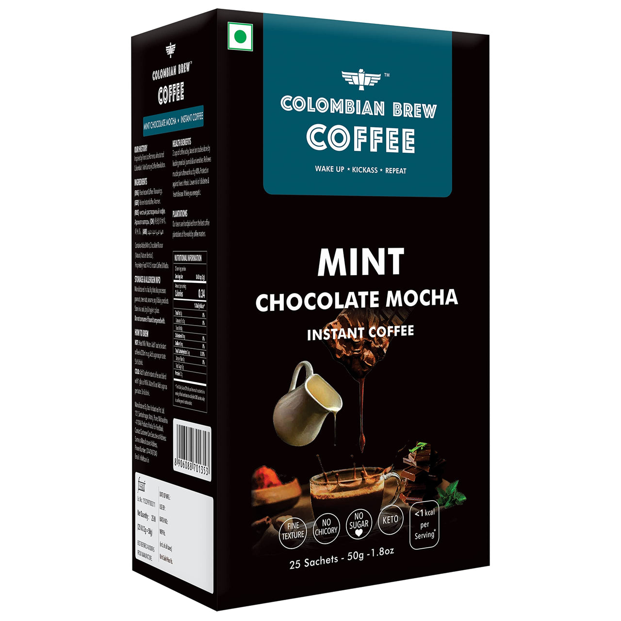 Colombian Brew Mint Chocolate Mocha Instant Coffee, No Sugar Vegan, 50g & Colombian Brew Coffee, 100% Arabica Green Coffee Powder 200g