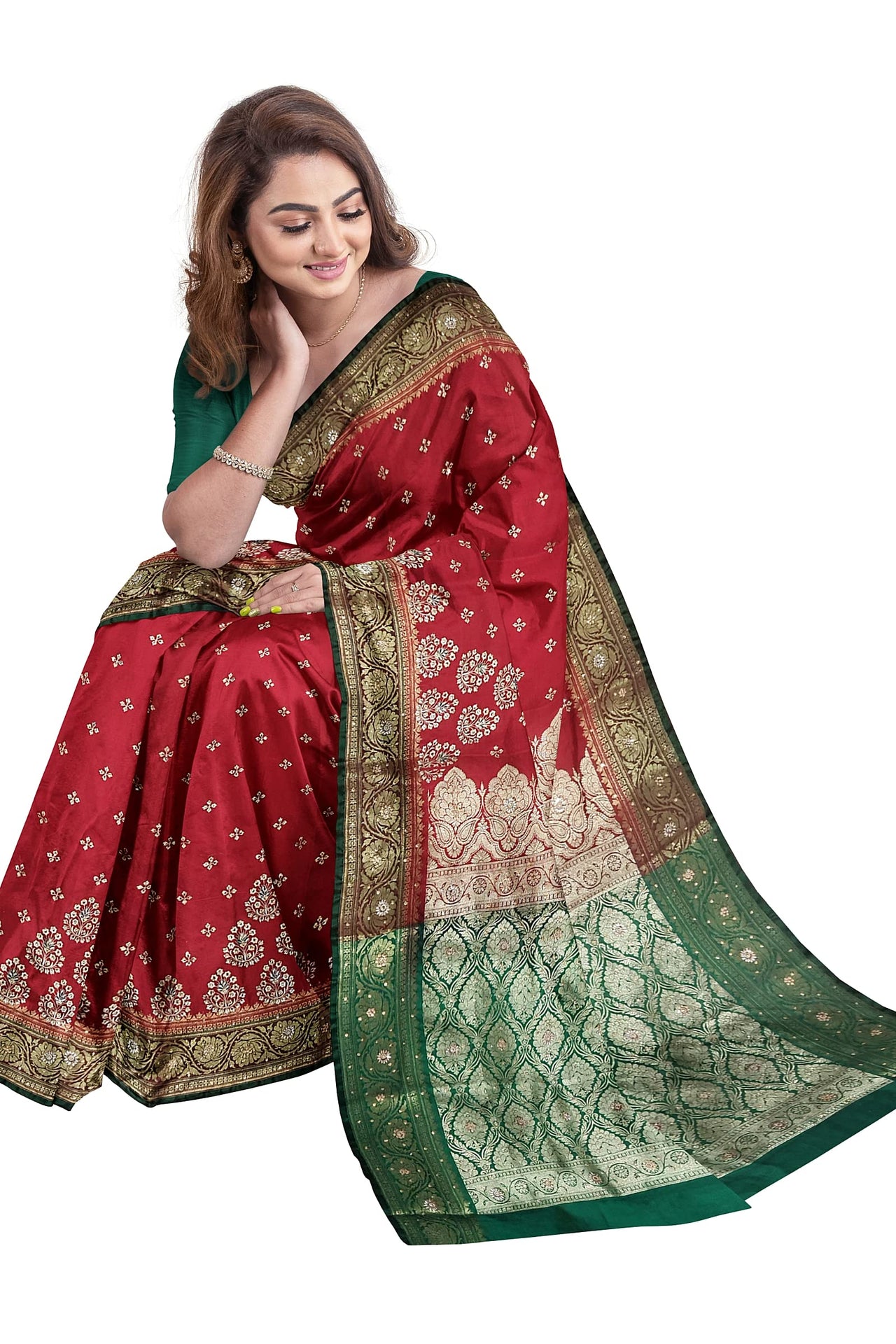 Shravanya Women's  Banarasi Silk Saree with Designer Embroidery and Stone Work with Jacquard Pallu, Border and Plain Unstitched Blouse Piece