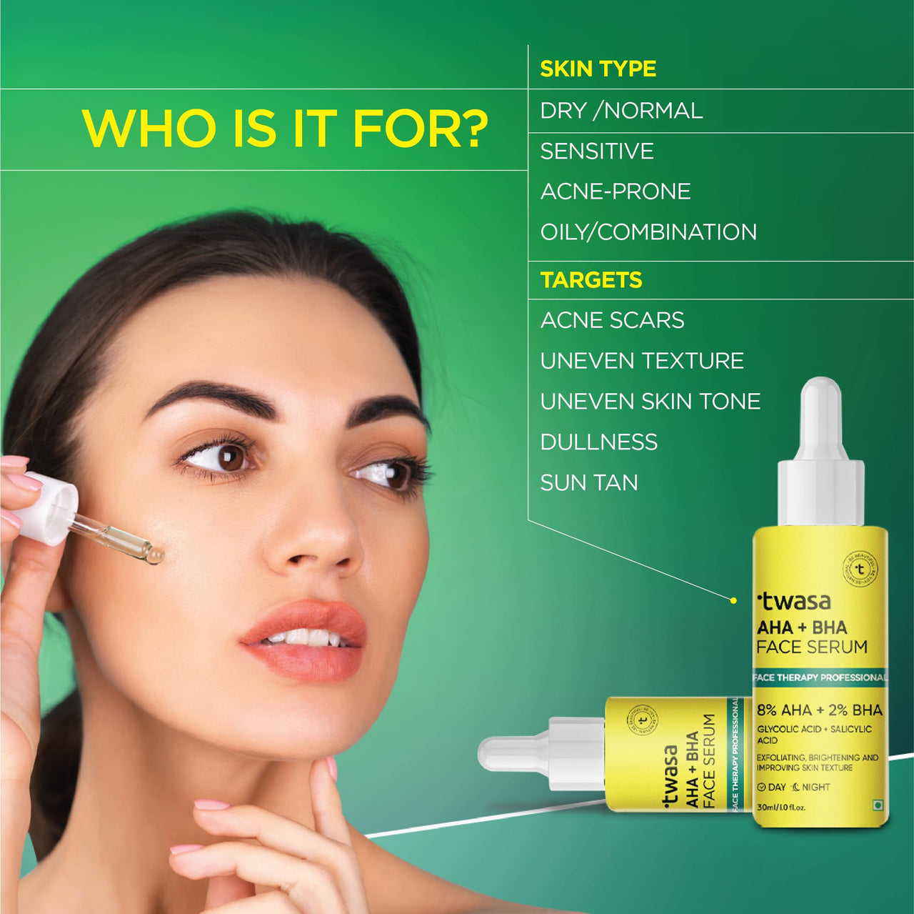 Twasa 8% AHA + 2% BHA Exfoliating Face Serum For Reduces Excess Oil, Fights Acne | Skin Renewal, Improved Skin Texture, Brightening & Even Skin Tone, Men & Women | 30ml