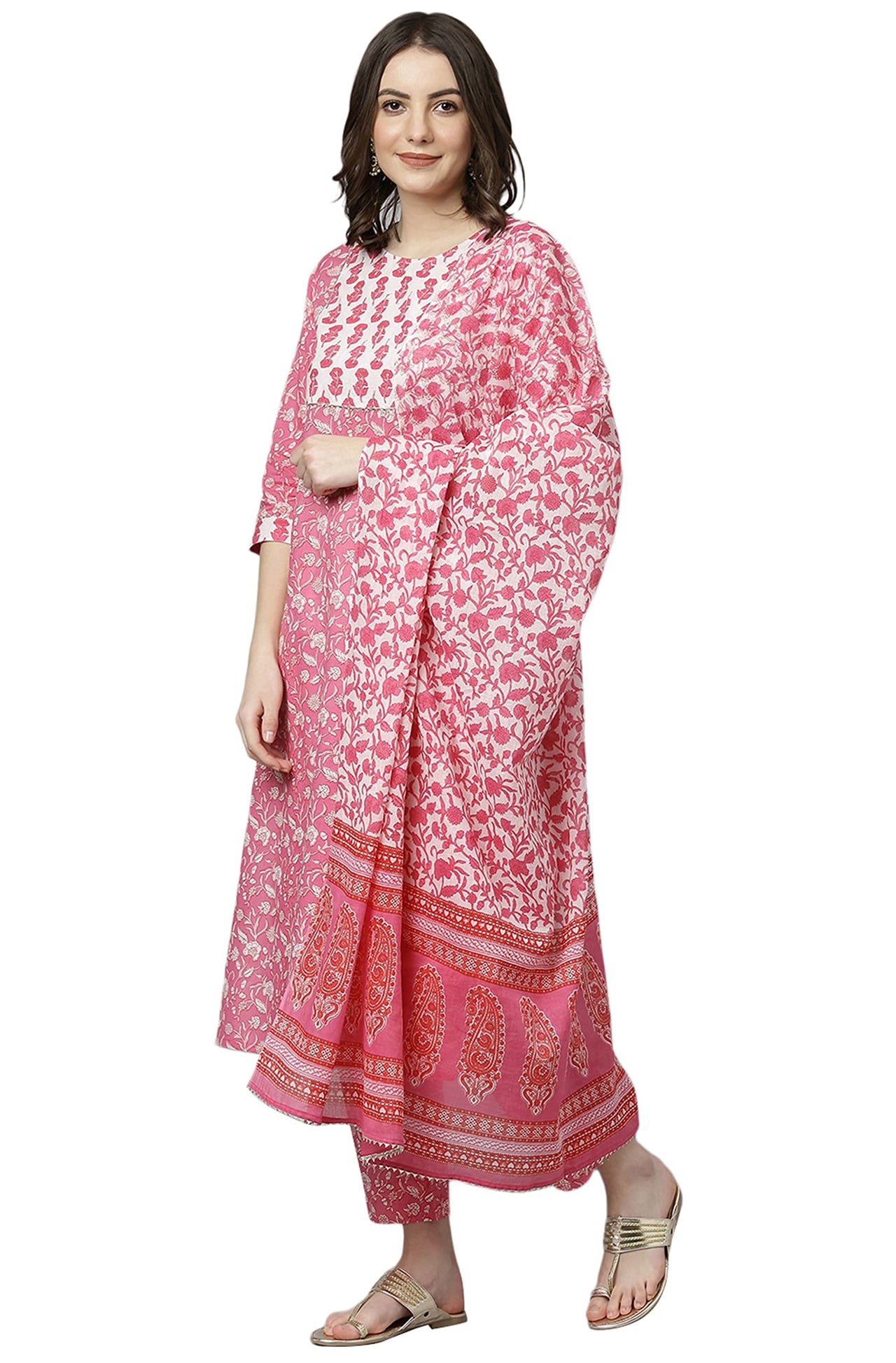 Janasya Women's  Pink Cotton Kurta with Pant and Dupatta