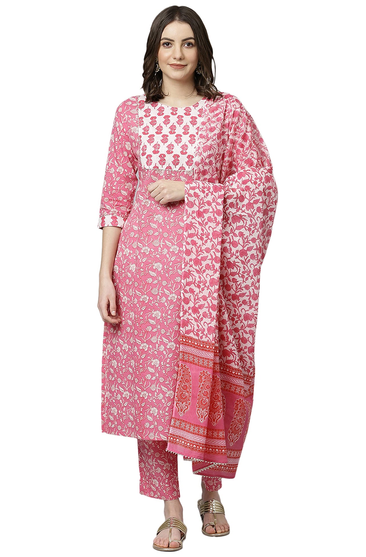 Janasya Women's  Pink Cotton Kurta with Pant and Dupatta