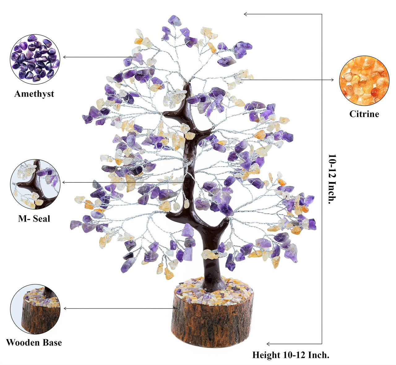 Amethyst & Citrine Crystal Tree of Life - Chakra Tree for Positive Energy, Handmade Gemstone Tree - Feng Shui Decor, Good Luck Money Tree Bonsai - Healing Crystals, Decoration Ornament, Spiritual Gift Amethyst + Citrine (Silver Wire)