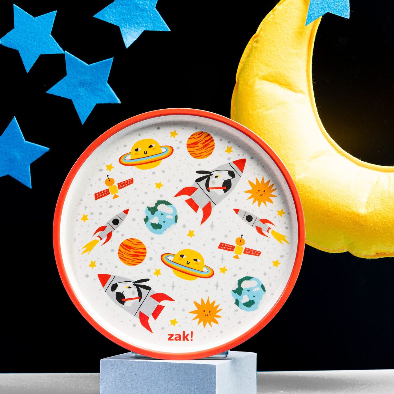 Zak Designs Kids Dinnerware Set 3 Pieces, Durable and Sustainable Melamine Bamboo Plate, Bowl, and Tumbler are Perfect For Dinner Time With Family (Spaceships)