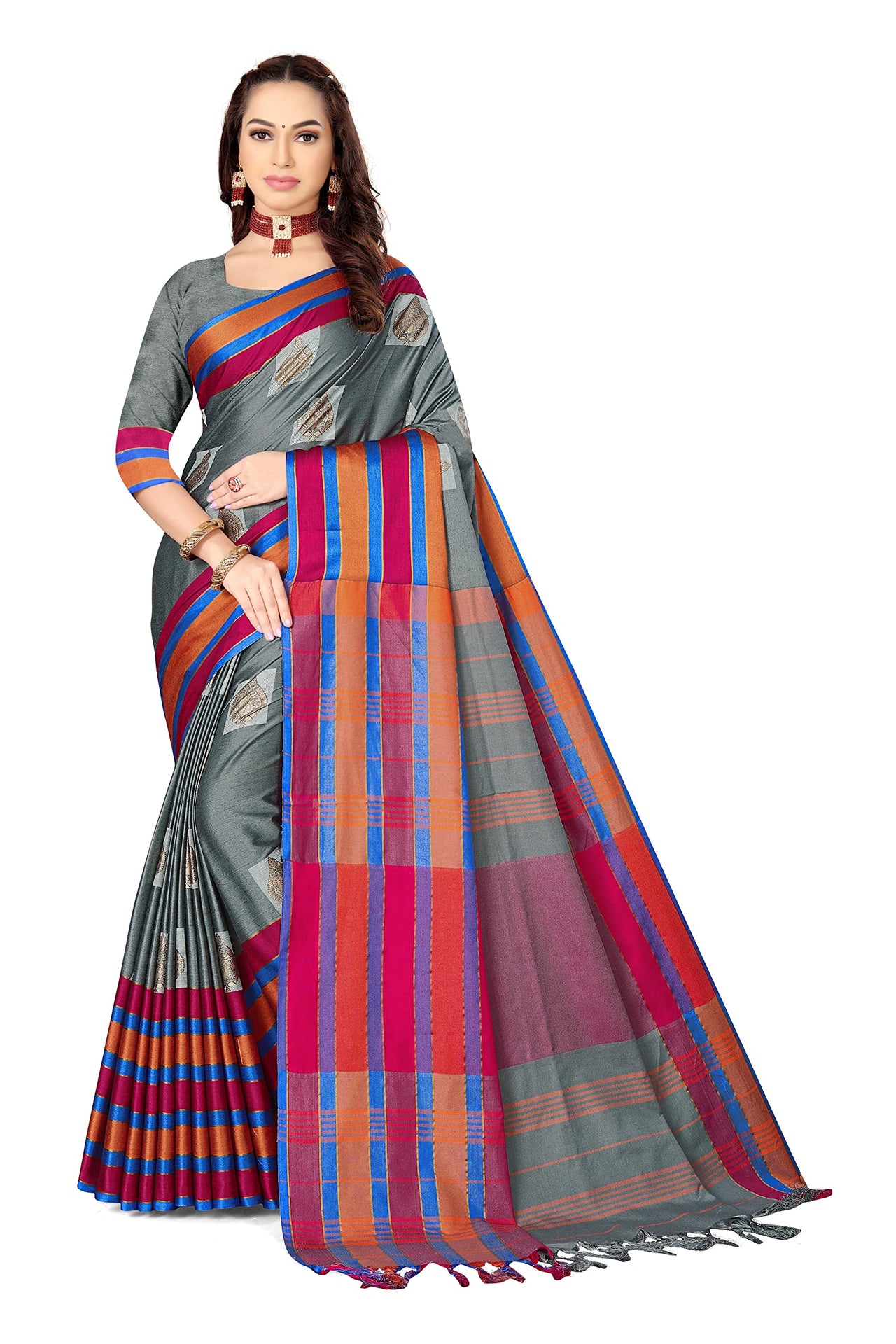 GRECIILOOKS Women's  Art Cotton Silk With Golden Border Printed Soft Silk Saree With Blouse Piece