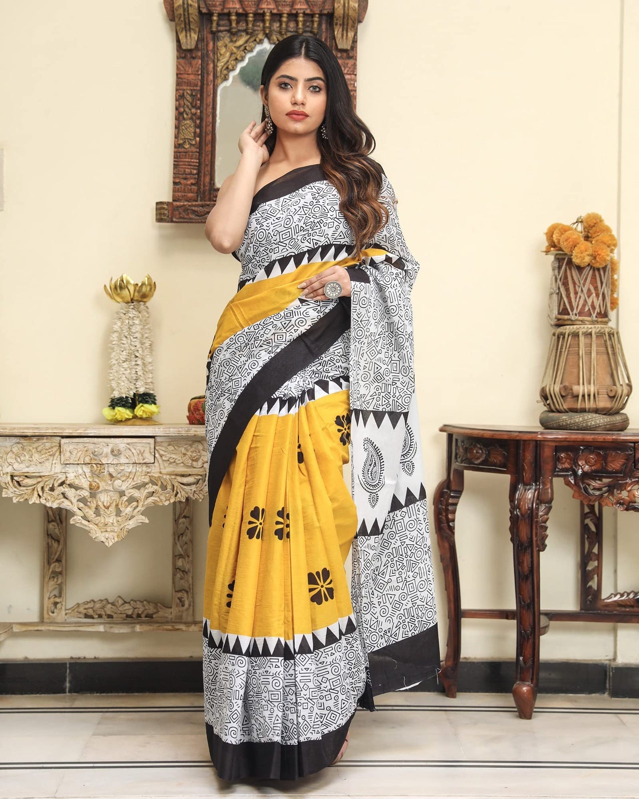 Shivanya Handicrafts Women's  Hand block printed cotton mulmul fabric saree With Blouse Piece Traditional Jaipuri Print_Vari