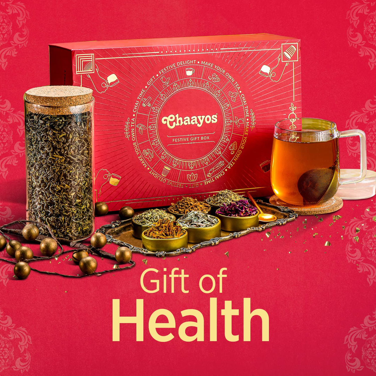 Chaayos Herbal Premium Gift Diwali Hampers | Contains Green Tea with Six natural Ingradients with Steel tea Infuser, Glass Mug & Golden Spoon for Tea & Coaster | Whole Leaf Green Tea Set | Green Tea Gift Box | Diwali Gift pack | Whole Leaf Green Tea Set |