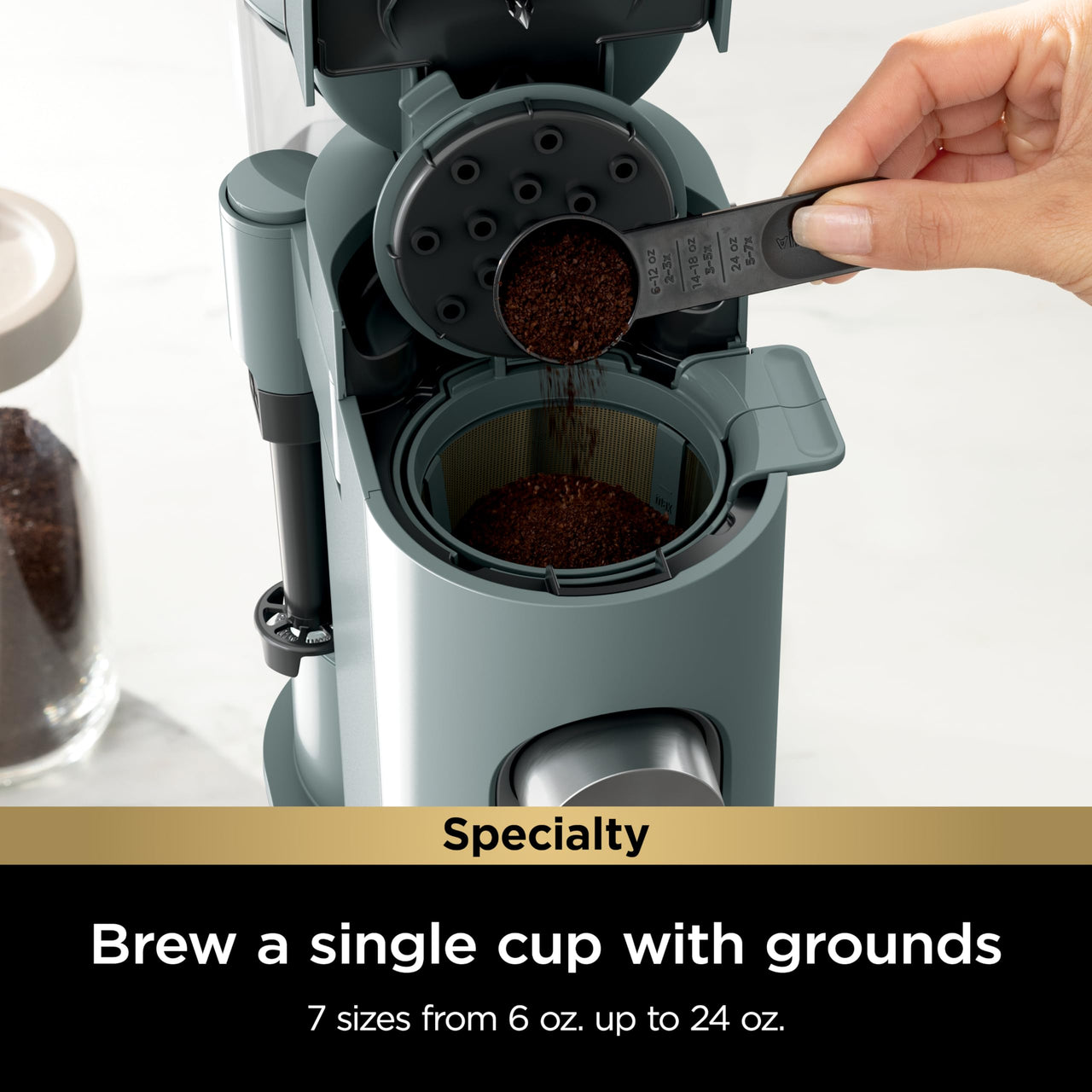 Ninja Pods & Grounds Specialty Single-Serve Coffee Maker, K-Cup Pod Compatible, Built-In Milk Frother, 6-oz. Cup to 24-oz. Travel Mug Sizes, Iced Coffee Maker, Glacier Blue, PB051GB