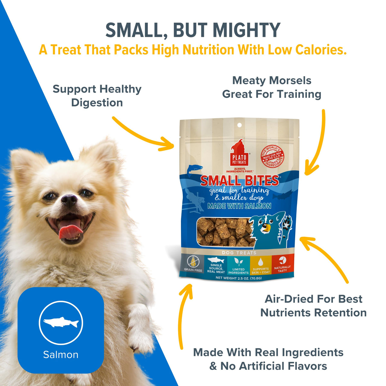 PLATO Small Bites Dog Treats, Natural Bite Sized Real Meat & Salmon Flavor, Grain Free & High in Protein, Air Dried Authentic Ingredients, 2 Calories Per Treat, Made in the USA, 6 Ounces 6 Ounce (Pack of 1)