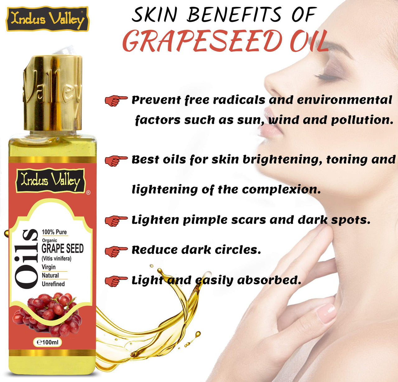 INDUS VALLEY 100% Pure Carrier Oil- Natural, Virgin, unrefined & Cold Pressed Grape Seed Oil - Vitis Vinifera (100ml)