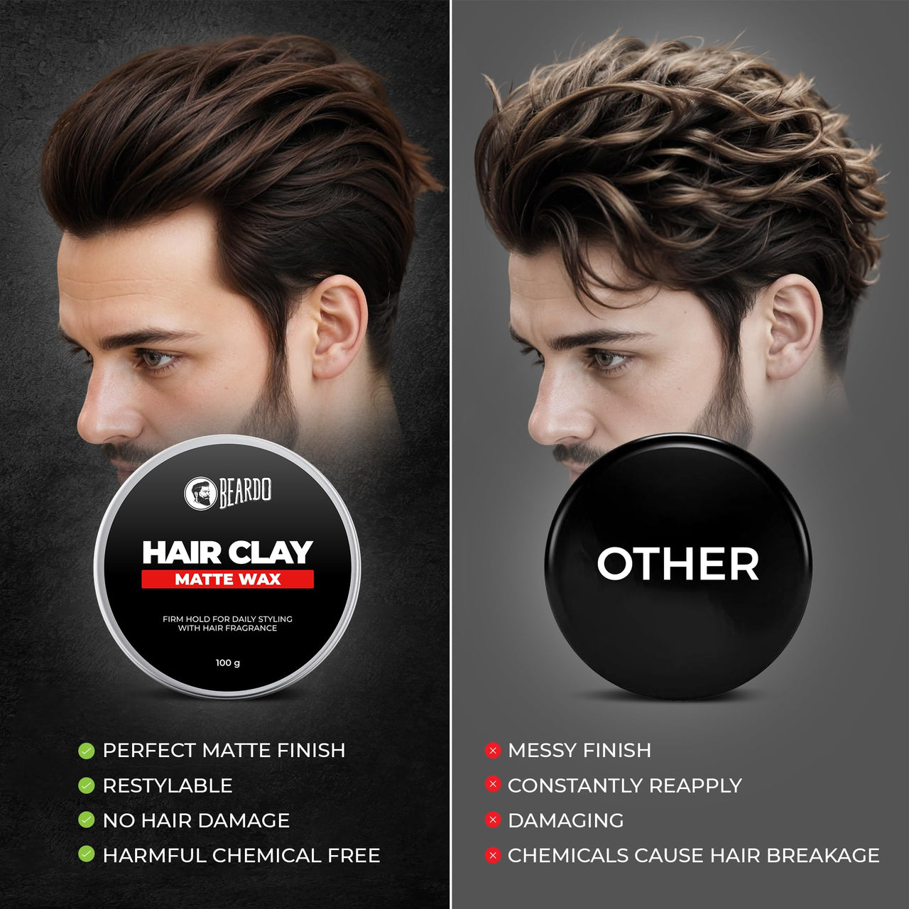 Beardo Hair Clay Wax for Men, 100 gm | Hair Clay for men | Styling Wax | Volumizing | Strong Hold | Restylable |Matte Finish | Easy to Wash Off | Texture Clay for Men