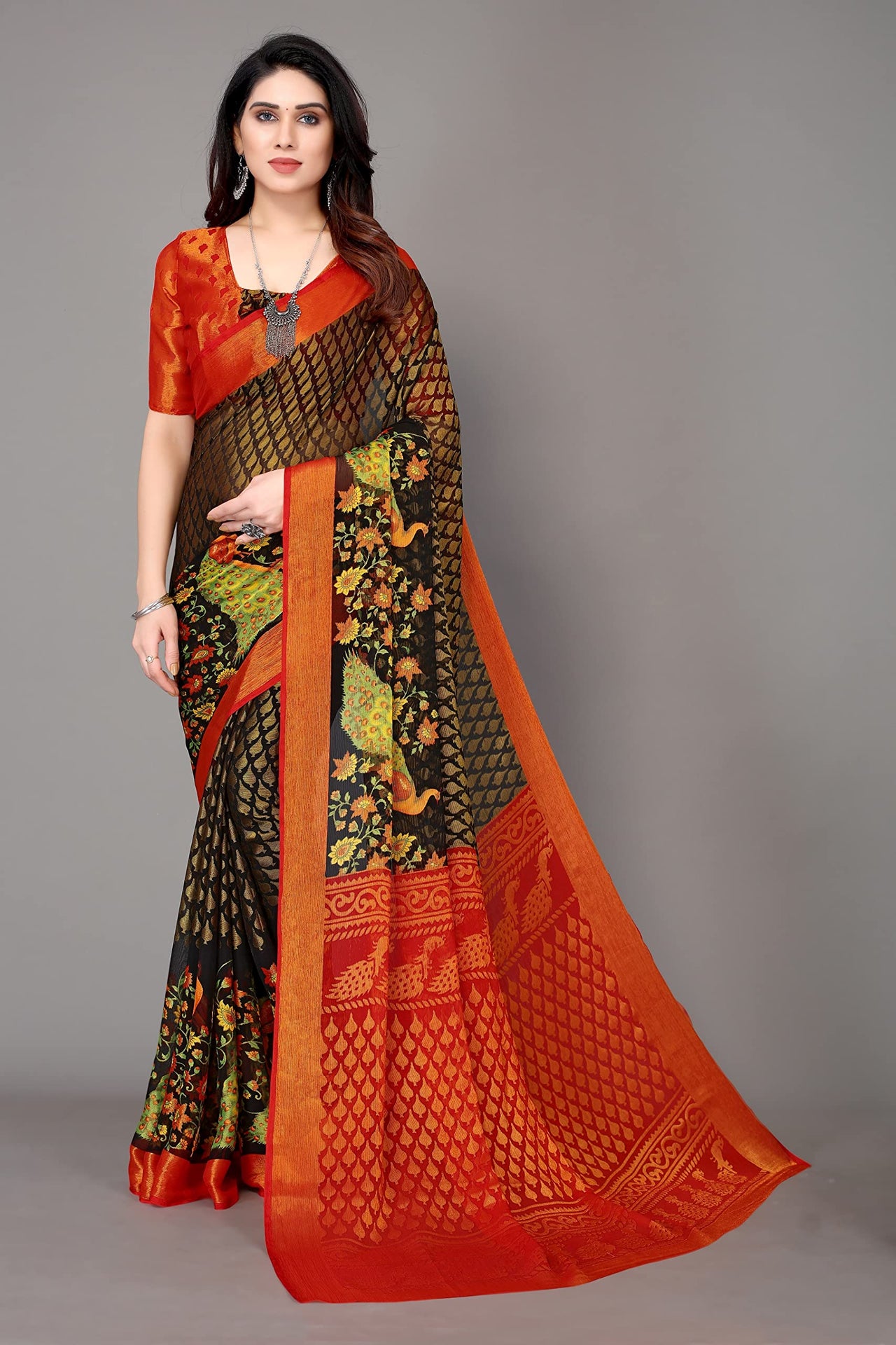 Winza Designer Women's  Chiffon Brasso Floral Printed Saree with Blouse Piece