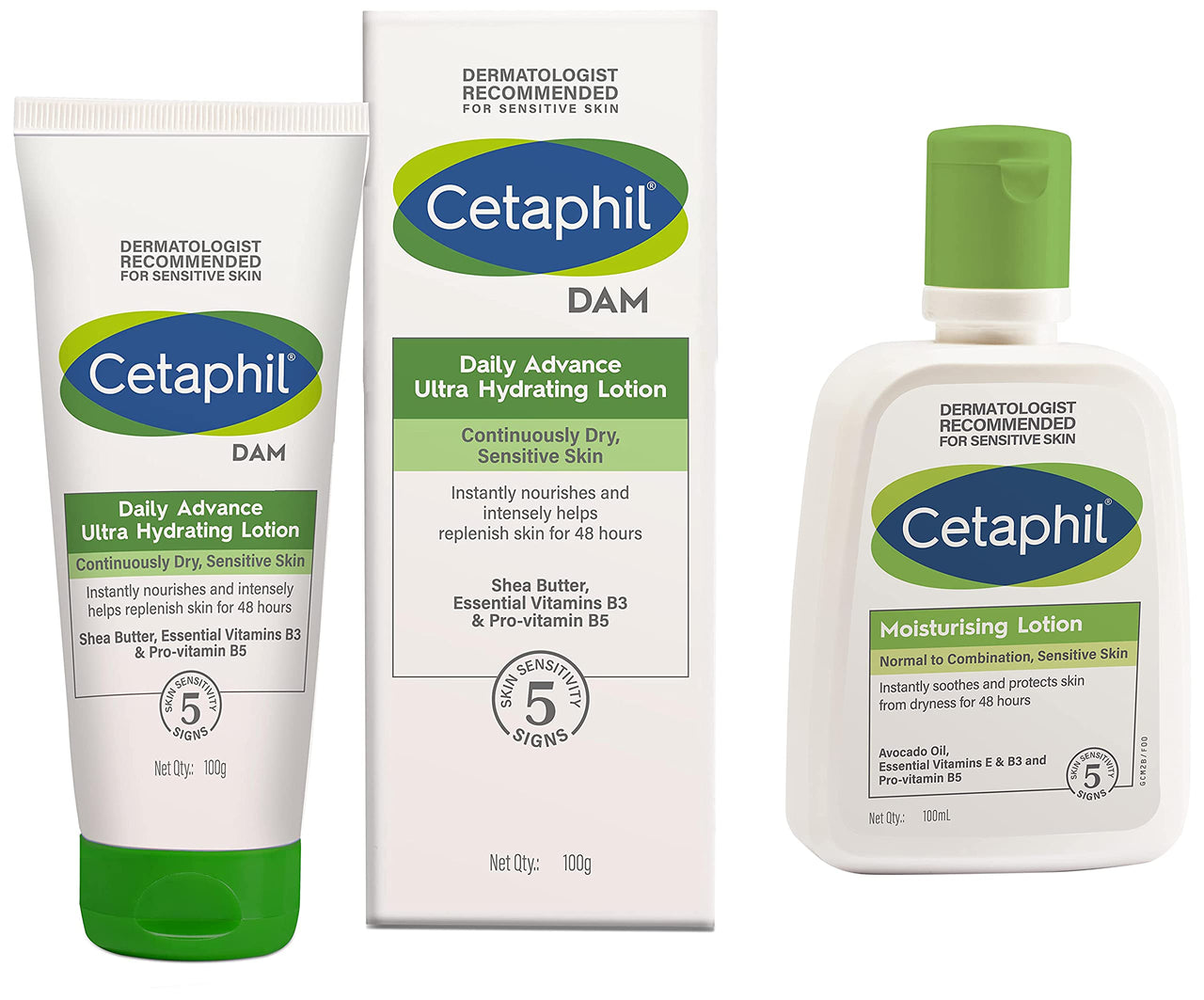 Cetaphil Daily Advance Ultra Hydrating Lotion for Dry/Sensitive Skin, 100 g & Cetaphil Moisturizing Lotion for Dry to Normal, Sensitive Skin| 100 ml