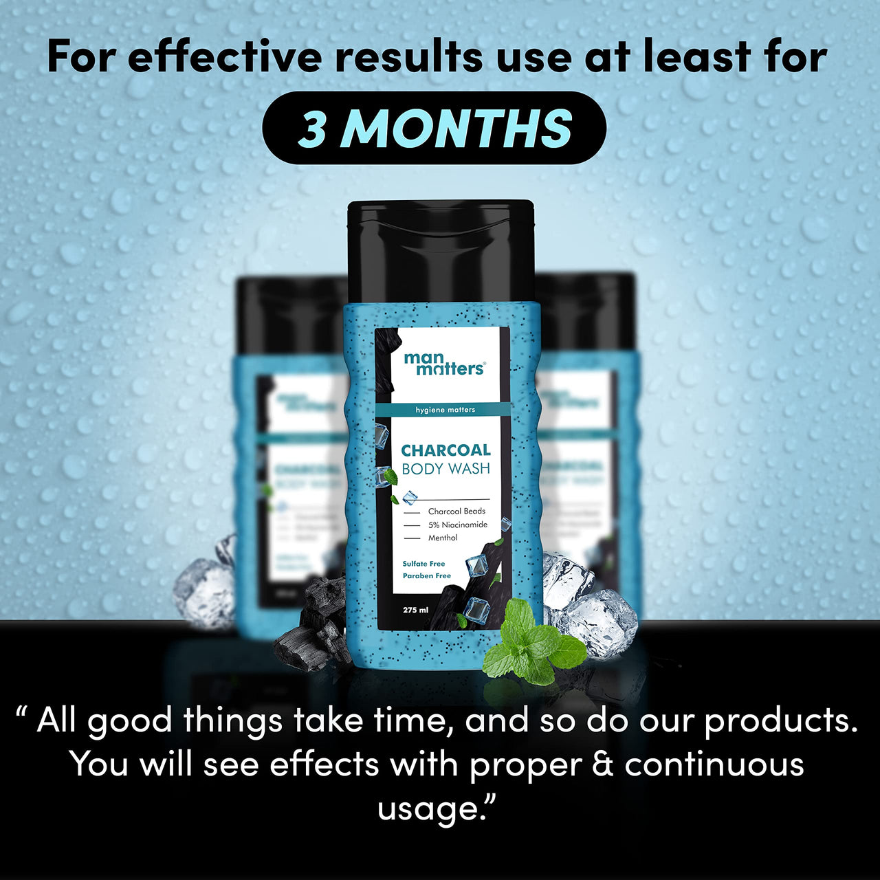 Man Matters 3 in 1 Action Charcoal & Menthol Body Wash | With Menthol, 5% Niacinamide & Activated Charcoal Beads | For Instant Cooling, Odor Protection & Improves Skin texture | 250ml