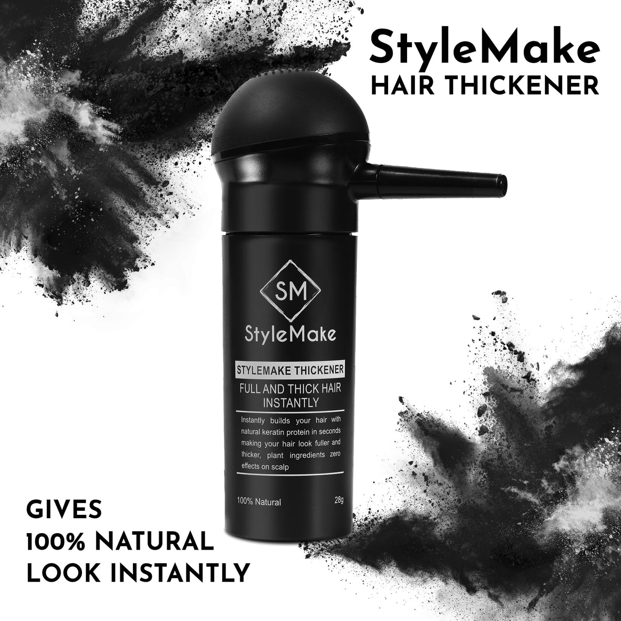 StyleMake Thickener Hair Fiber Black 28gm With Pump For Thin & Fine Hair Instantly Transform | Hair Thickening Fibre Spray For Men & Women | Hair Loss Concealer | (Black Fiber + Applicator)