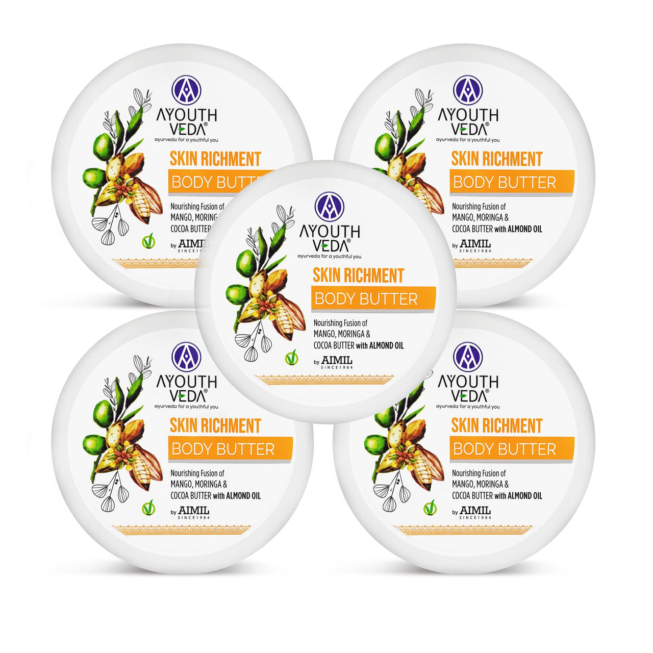 Ayouthveda Skin Richment Body Butter, Guard Skin from Damage with Its Nutrient-Rich Element, Mango, Cocoa, Moringa Butter (Pack of 5) (200gm each)