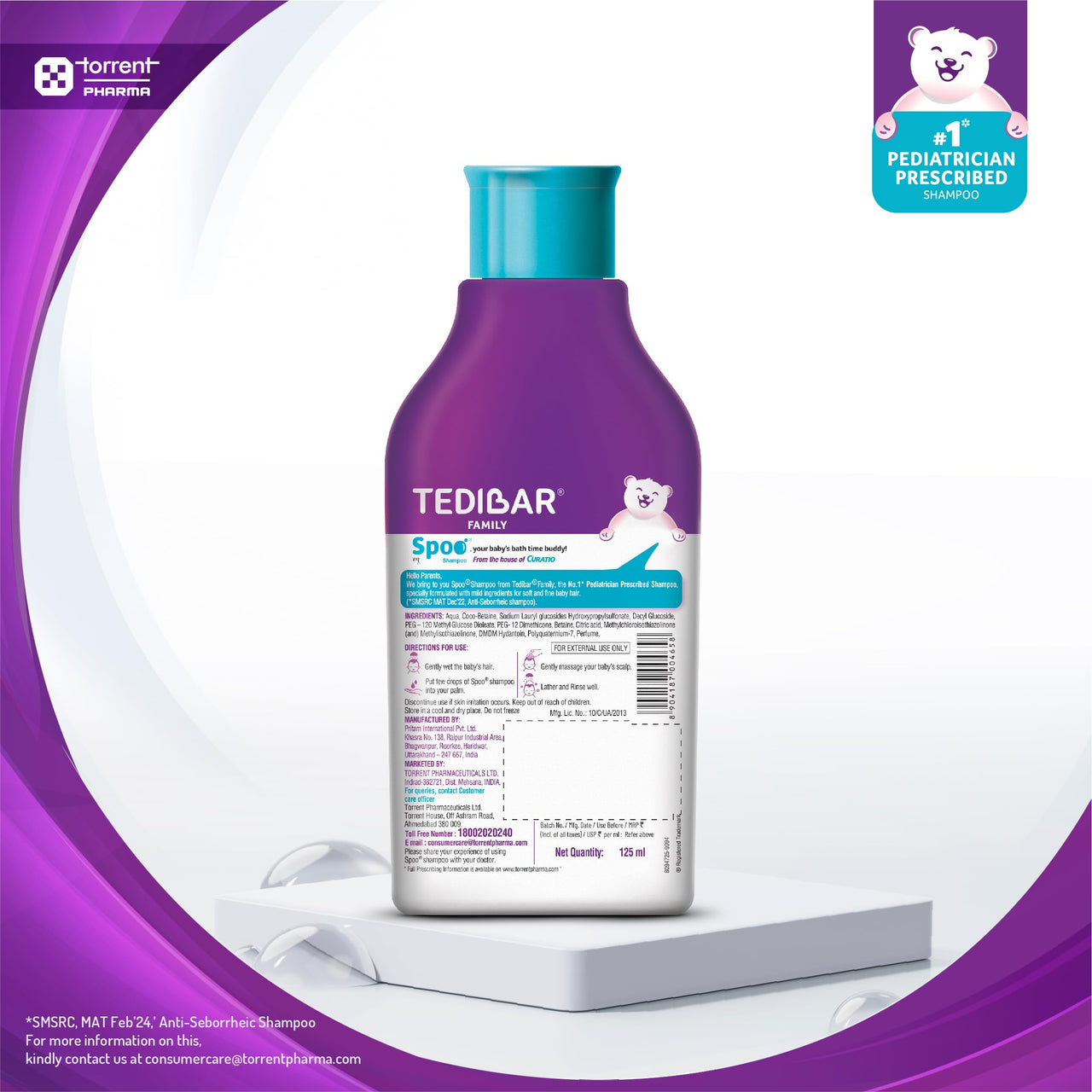 Tedibar Moisturising Baby Bathing Bar 75gx2 (Pack of 1) + Spoo Gentle Baby Shampoo 125ml No Tears - By Torrent Pharma