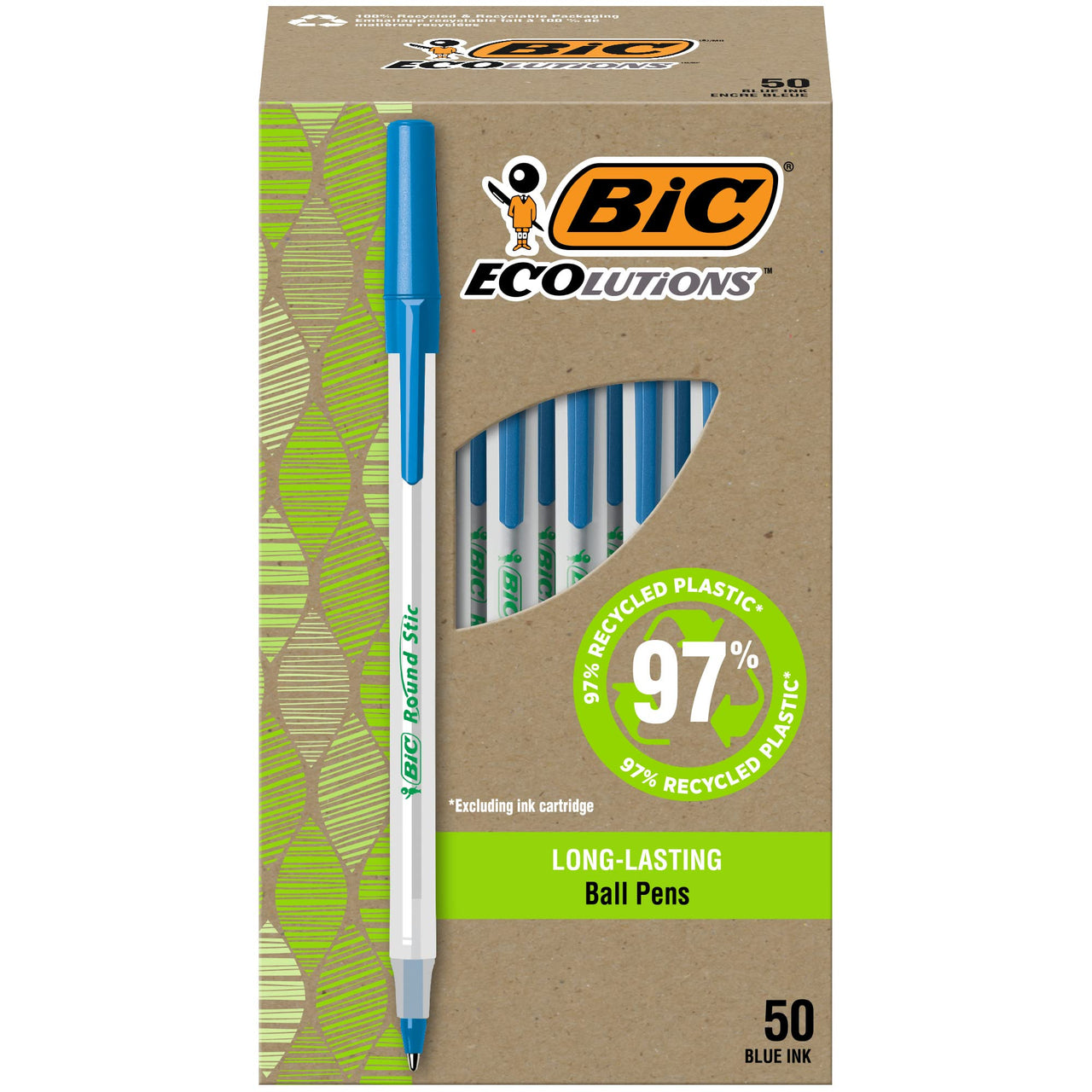 BIC Ecolutions Round Stic Ballpoint Pens, Medium Point (1.0mm), 50-Count Pack, Blue Ink Pens Made from 97% Recycled Plastic