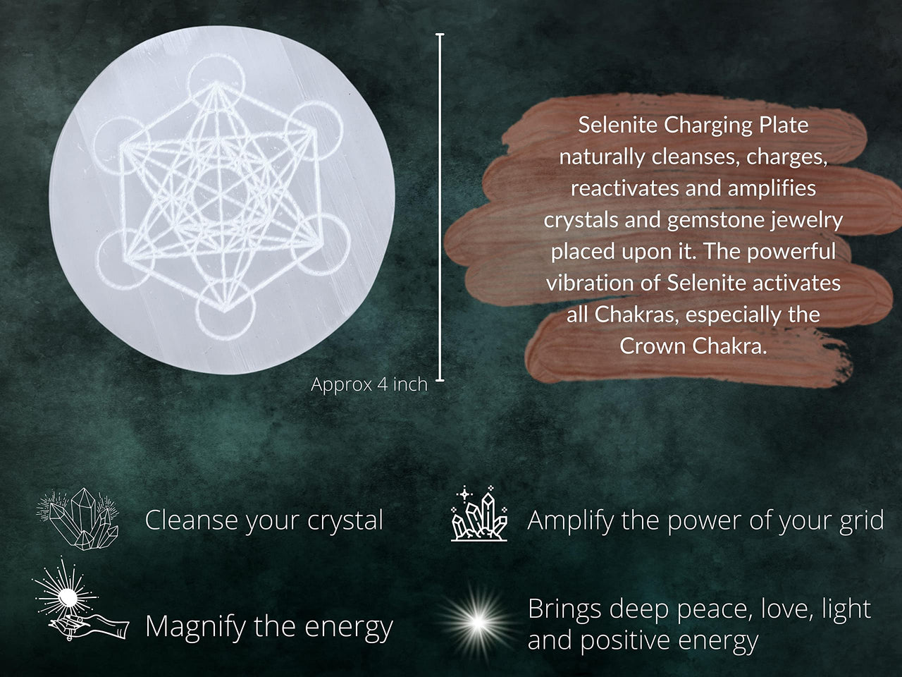 Selenite Crystal Charging Plate For Crystals And Healing Stones, 4.5" Selenite Crystal Plate Engraved Metatron Cube Coaster For Home Office Table Decor (Selenite Round Disc)