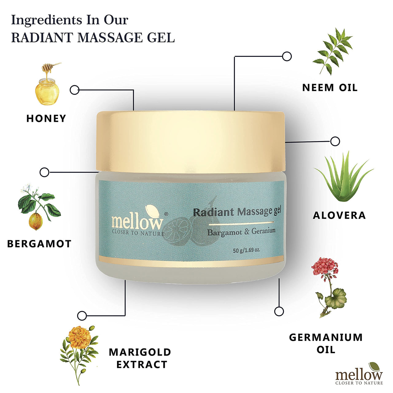 Mellow Herbals Facial Massage Gel | Ayurvedic Glow Boost for Oily & Acne-Prone Skin | Tightens, Hydrates & Revitalizes with Bergamot, Germanium Oil & Neem | Paraben-Free | 50g