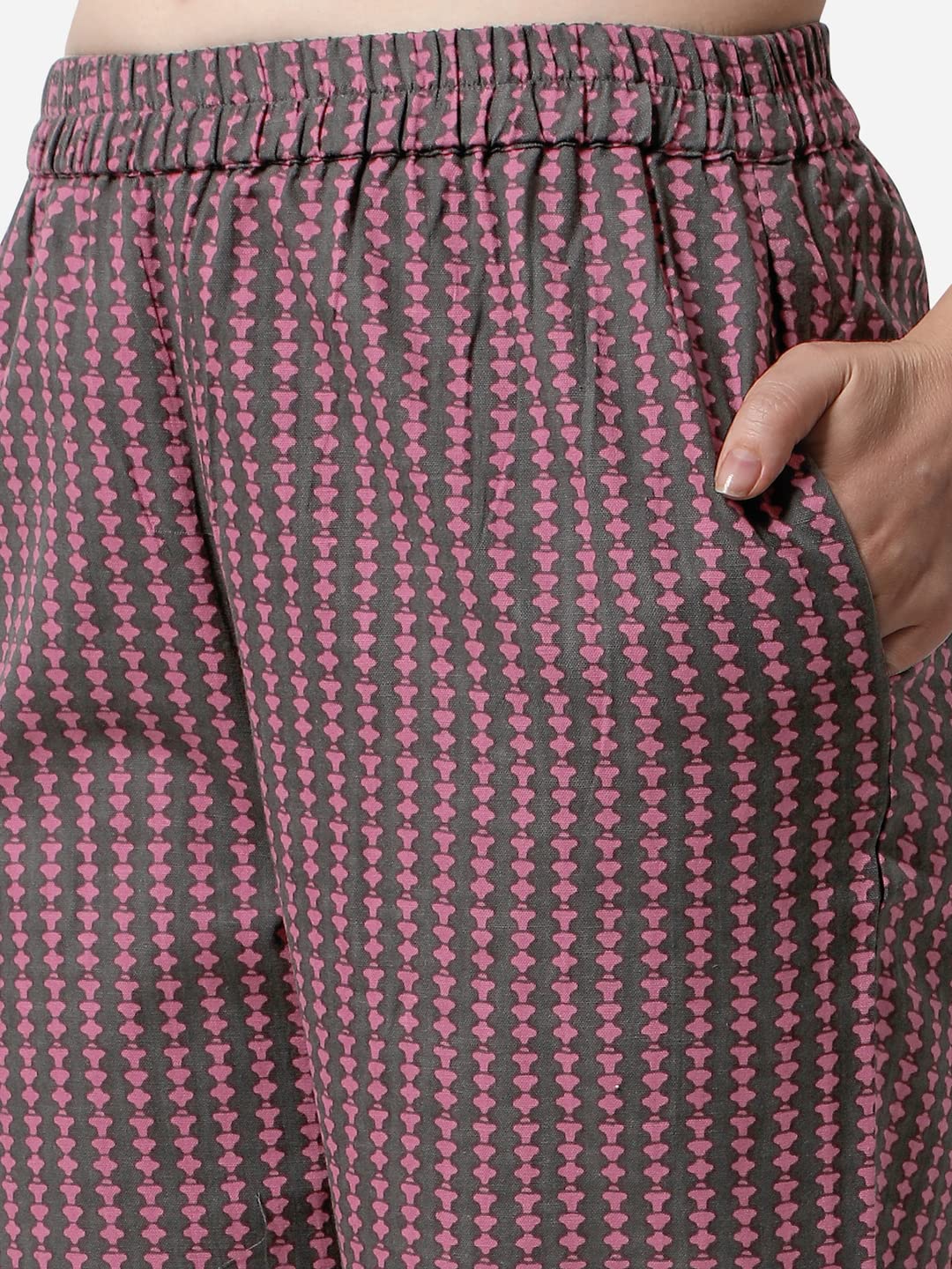 MIRCHI FASHION Women's  Cotton Bagru Printed A-Line Kurta Set with Plazzo Pant L Grey, Pink