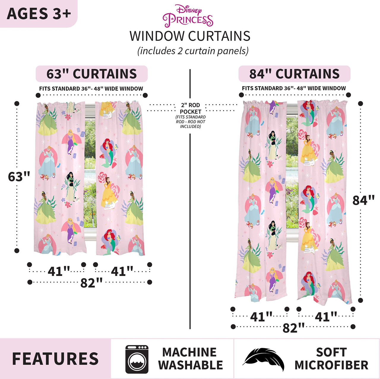 Disney Princess Kids Room Window Curtains Drapes Set, 82 in x 63 in, "Official" Disney Product By Franco Disney Princess