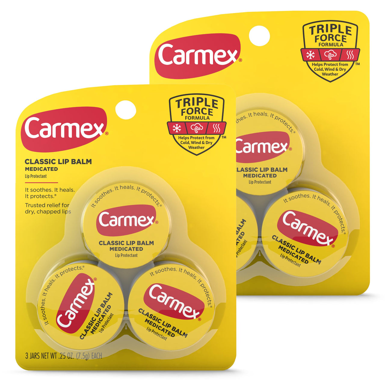 Carmex Medicated Lip Balm Jar, Lip Moisturizer for Dry, Chapped Lips, 0.25 OZ - (2 Packs of 3)