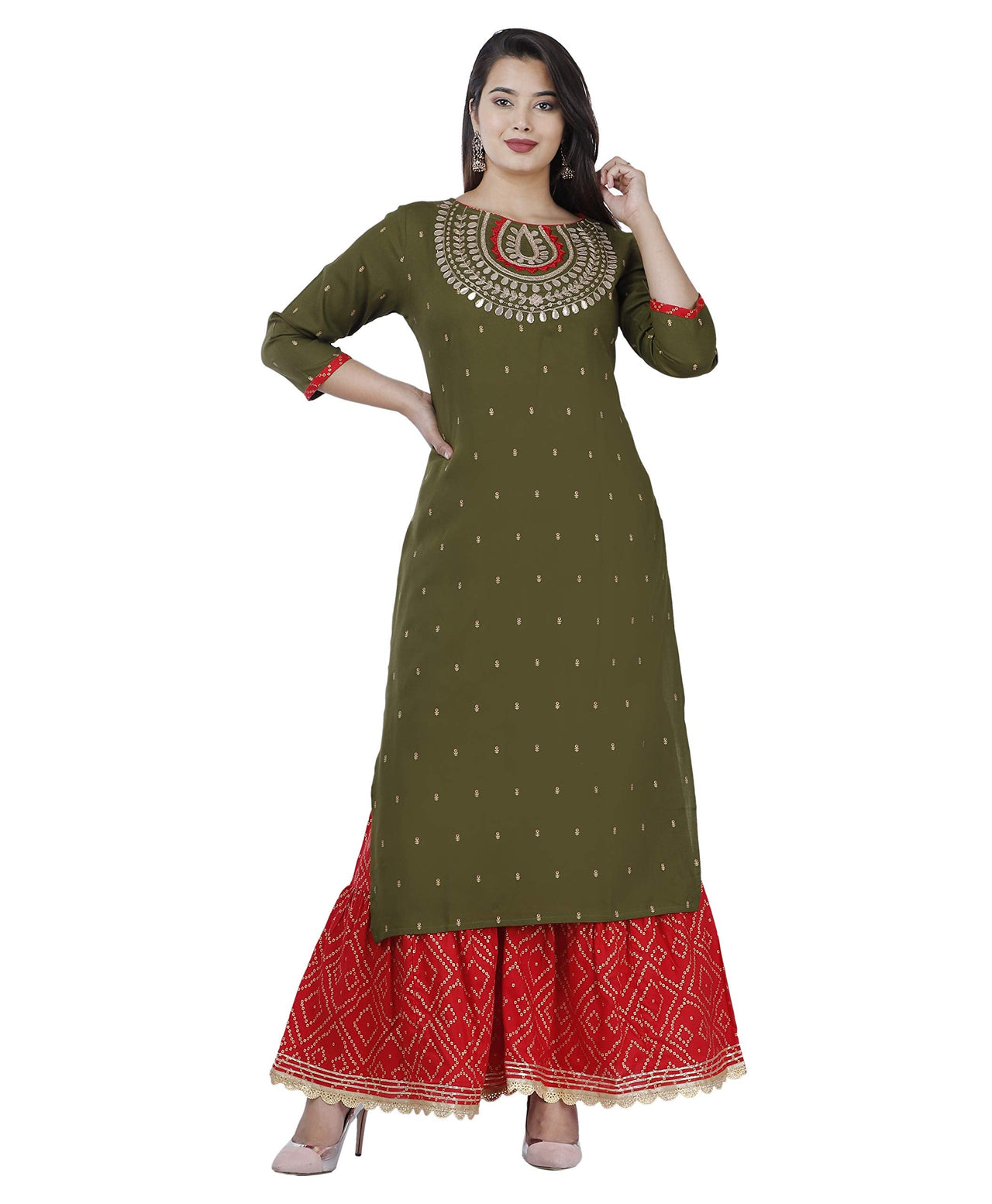 Ashta Vinayak Creations Women's  Casual Rayon Embroidered Straight Kurti With Sharara Set(AVC74_Black_Red)