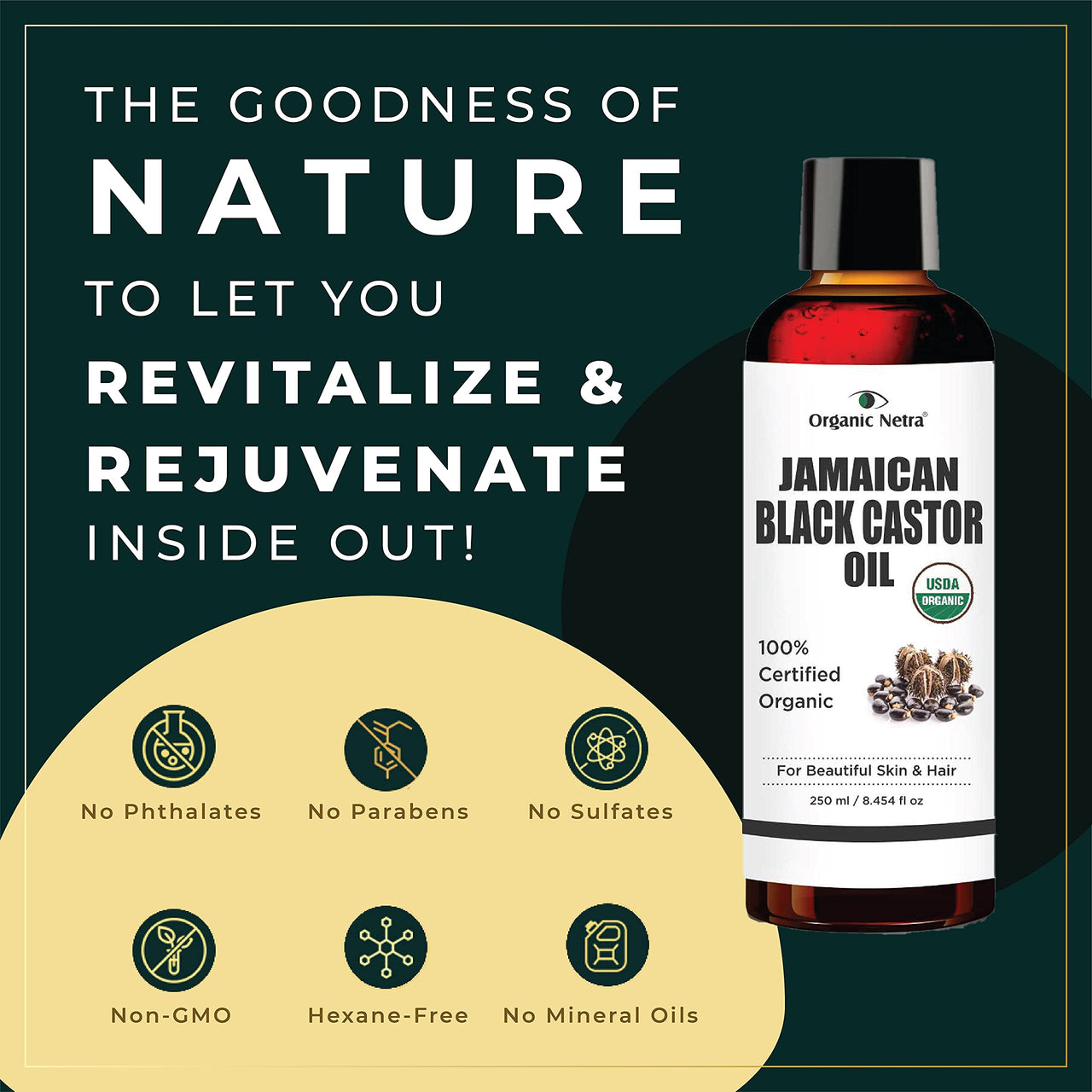 Organic Netra Pure Flaxseed Gel 200g and Organic Netra Cold Pressed Jamaican Black Castor Oil for Hair Growth - 250ml