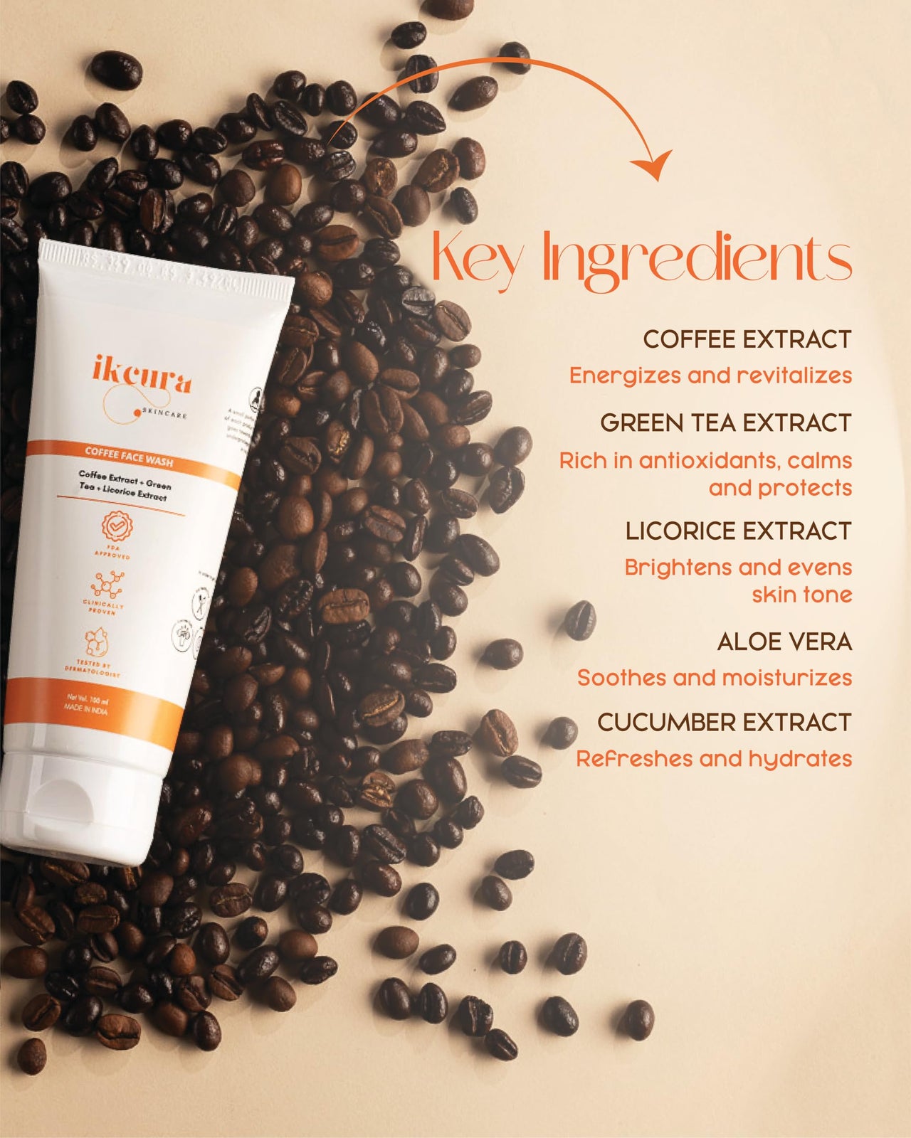 Ikcura Coffee Face Wash with Coffee Extract, Green Tea, Licorice Extract l Deep Cleansing, Acne-Fighting, Exfoliating Skin & Moisturizing, 100ml