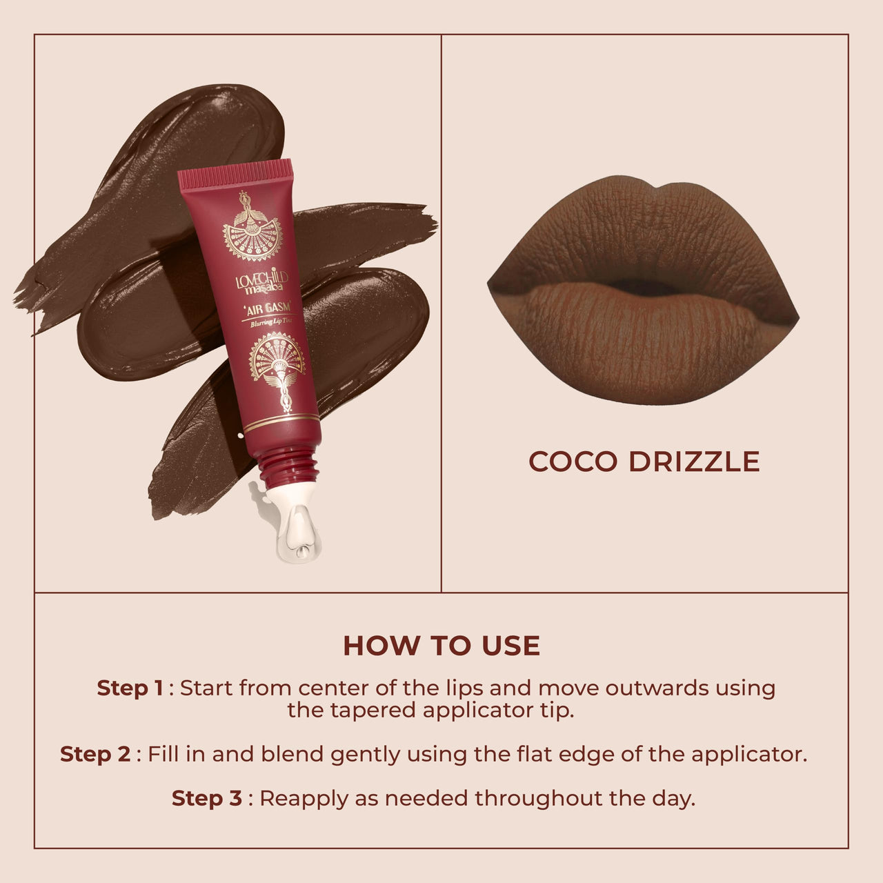 LoveChild Masaba Blurring Lip Tint, Coco Drizzle (Caramel Brown), Lightweight, Velvety Matte Finish, Hydrating Lip Color with Hyaluronic Acid, Squalane & Shea Butter, For All Indian Skin Tones, 8ml