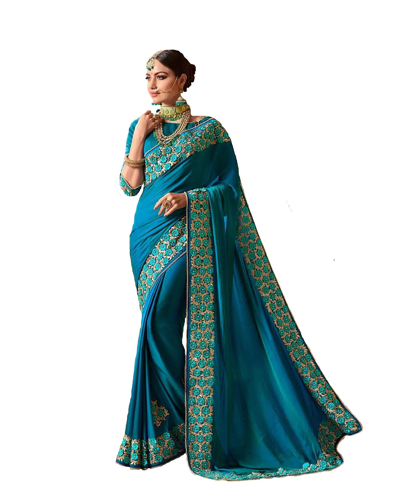 Nivah Fashion Women's  Silk Embroidery Beads Border Work Saree With Blouse Piece