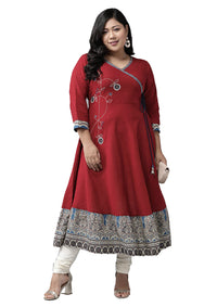 Yash Gallery Women's  Plus Size Plus Size Cotton Blend Kalamkari Printed Angrakha Kurta for Women