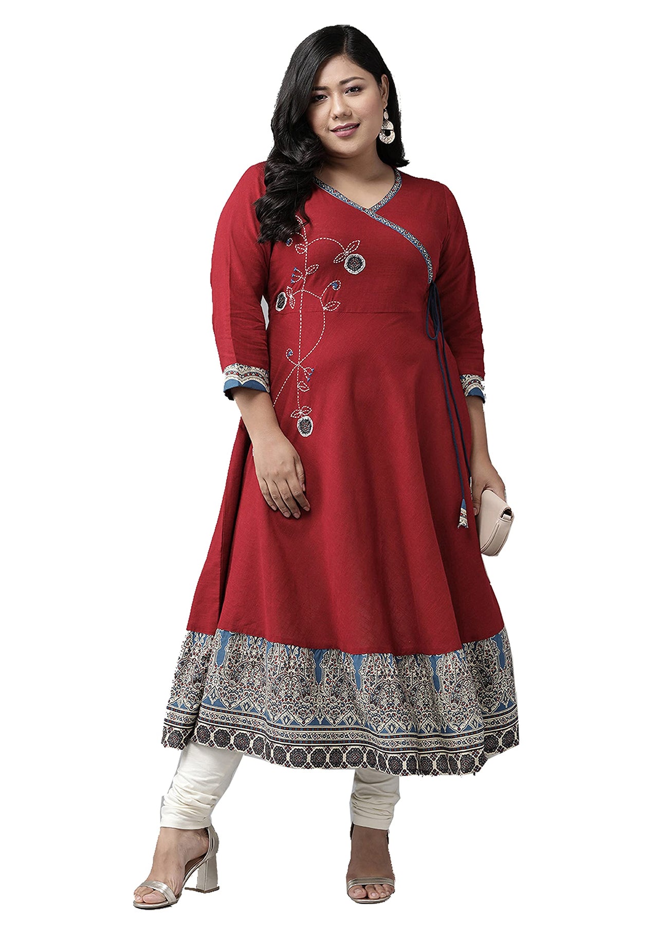 Yash Gallery Women's  Plus Size Plus Size Cotton Blend Kalamkari Printed Angrakha Kurta for Women