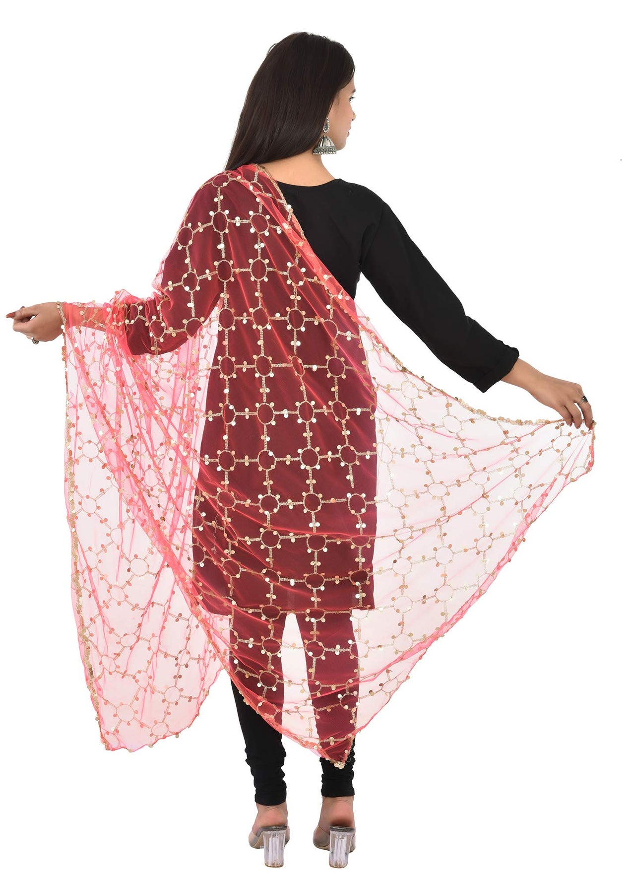 YOUTHQUAKE Heavy Embellished Plastic Mirror Net Dupatta for Womens & Girls
