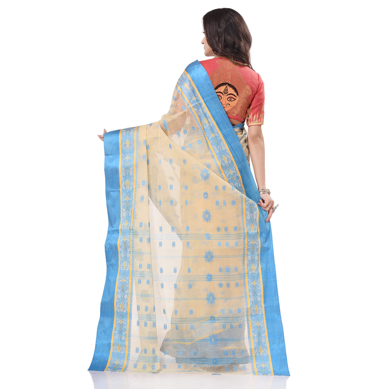 dB DESH BIDESH Women`s Traditional Bengal Phulkoli Woven Design Pure Handloom Cotton Saree Without Blouse Piece White Red