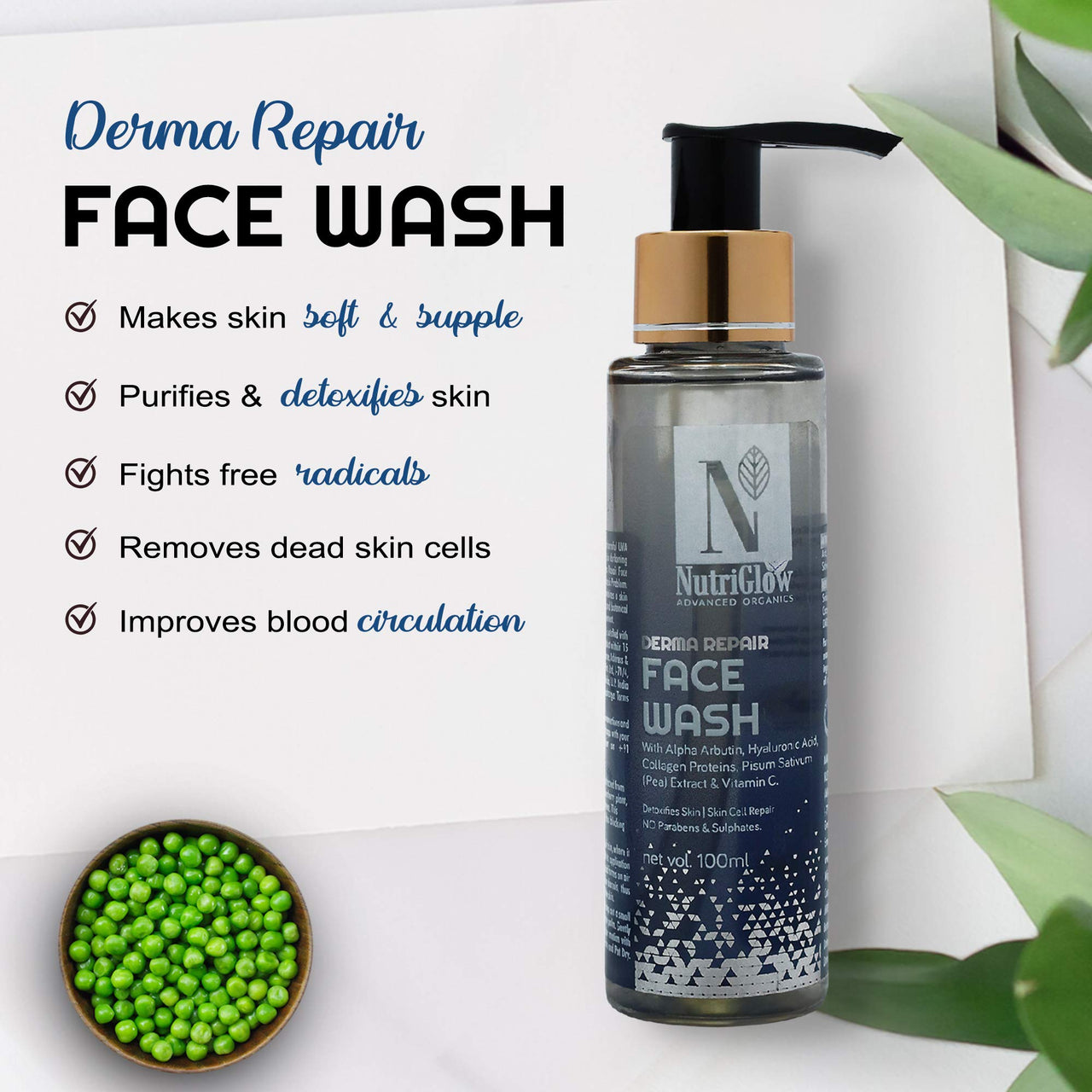 NutriGlow Advanced Organics Derma Repair Face Wash For Repair Cells, Skin Lighting, Soft & Supple Skin, Remove Dead Skin Cells, Clear Skin Impurities, 100ml