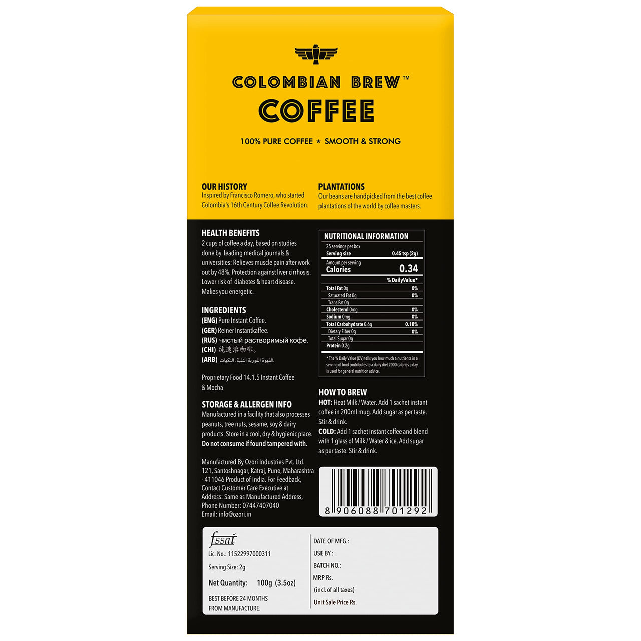 COLOMBIAN BREW COFFEE Pure Instant Coffee Powder, Strong 100gram, Box